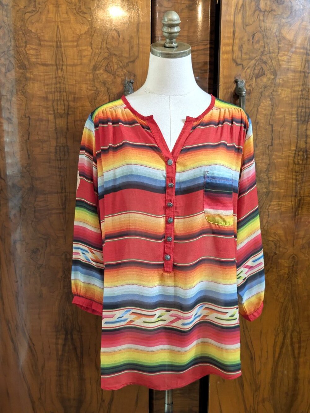 Tasha Polizzi Southwestern Serape Stripe Tunic Shirt L Red Button Festival Gypsy